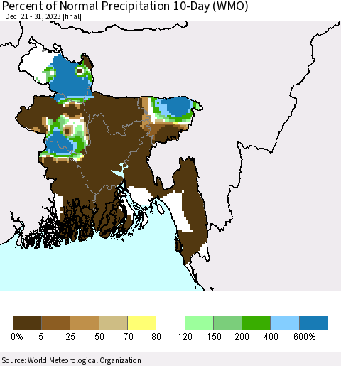 Bangladesh Percent of Normal Precipitation 10-Day (WMO) Thematic Map For 12/21/2023 - 12/31/2023
