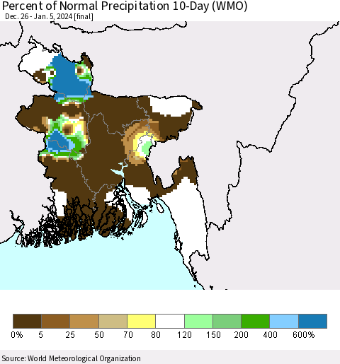 Bangladesh Percent of Normal Precipitation 10-Day (WMO) Thematic Map For 12/26/2023 - 1/5/2024