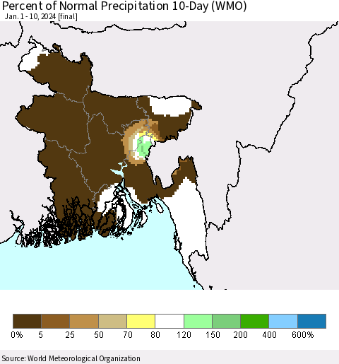 Bangladesh Percent of Normal Precipitation 10-Day (WMO) Thematic Map For 1/1/2024 - 1/10/2024