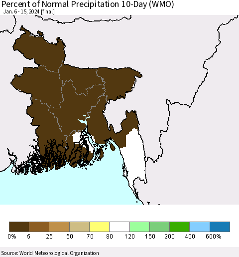 Bangladesh Percent of Normal Precipitation 10-Day (WMO) Thematic Map For 1/6/2024 - 1/15/2024