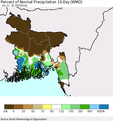 Bangladesh Percent of Normal Precipitation 10-Day (WMO) Thematic Map For 1/11/2024 - 1/20/2024