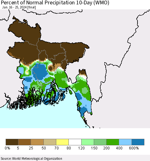Bangladesh Percent of Normal Precipitation 10-Day (WMO) Thematic Map For 1/16/2024 - 1/25/2024