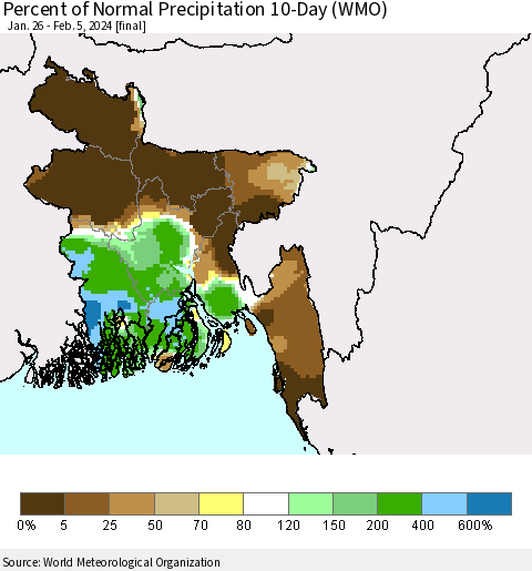 Bangladesh Percent of Normal Precipitation 10-Day (WMO) Thematic Map For 1/26/2024 - 2/5/2024
