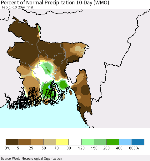 Bangladesh Percent of Normal Precipitation 10-Day (WMO) Thematic Map For 2/1/2024 - 2/10/2024