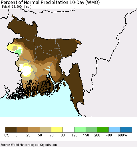 Bangladesh Percent of Normal Precipitation 10-Day (WMO) Thematic Map For 2/6/2024 - 2/15/2024