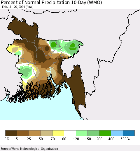 Bangladesh Percent of Normal Precipitation 10-Day (WMO) Thematic Map For 2/11/2024 - 2/20/2024