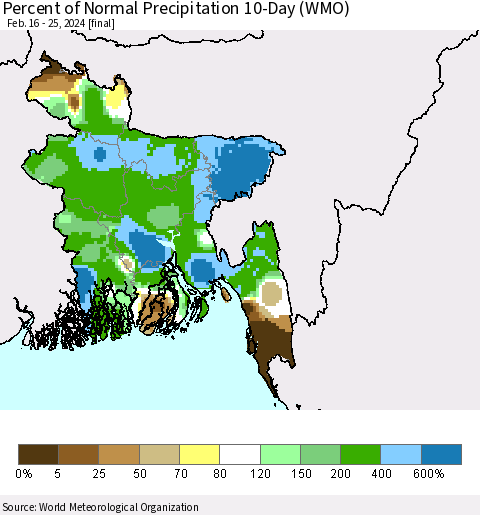 Bangladesh Percent of Normal Precipitation 10-Day (WMO) Thematic Map For 2/16/2024 - 2/25/2024