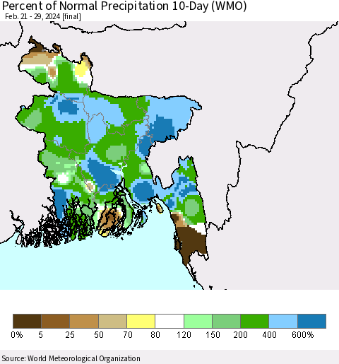 Bangladesh Percent of Normal Precipitation 10-Day (WMO) Thematic Map For 2/21/2024 - 2/29/2024