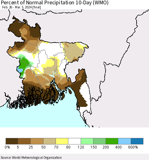 Bangladesh Percent of Normal Precipitation 10-Day (WMO) Thematic Map For 2/26/2024 - 3/5/2024