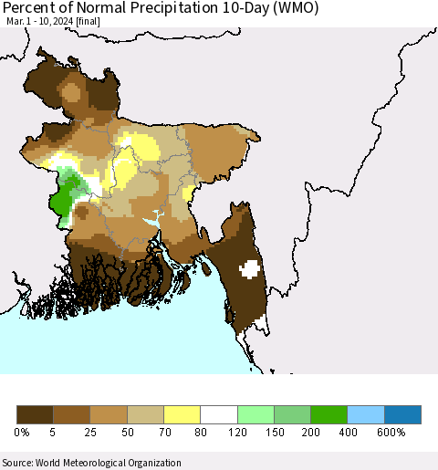 Bangladesh Percent of Normal Precipitation 10-Day (WMO) Thematic Map For 3/1/2024 - 3/10/2024