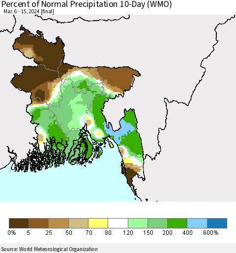 Bangladesh Percent of Normal Precipitation 10-Day (WMO) Thematic Map For 3/6/2024 - 3/15/2024