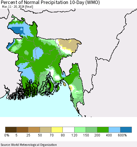 Bangladesh Percent of Normal Precipitation 10-Day (WMO) Thematic Map For 3/11/2024 - 3/20/2024