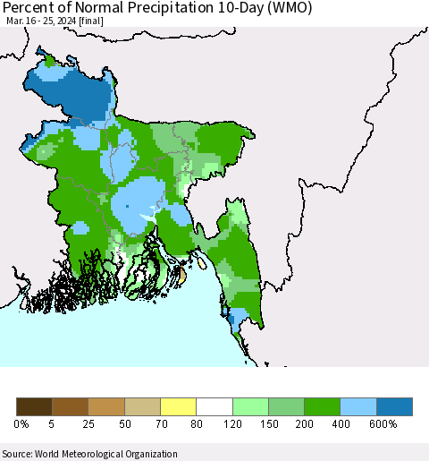 Bangladesh Percent of Normal Precipitation 10-Day (WMO) Thematic Map For 3/16/2024 - 3/25/2024