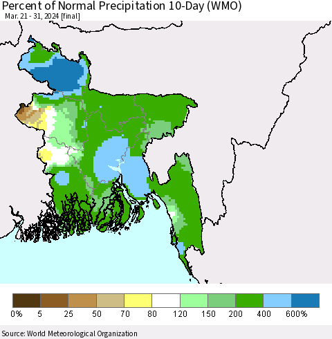 Bangladesh Percent of Normal Precipitation 10-Day (WMO) Thematic Map For 3/21/2024 - 3/31/2024