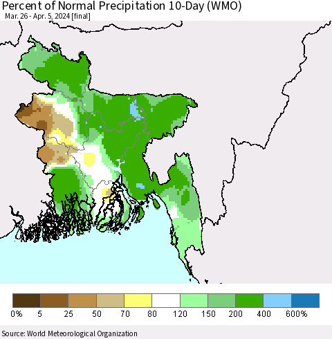 Bangladesh Percent of Normal Precipitation 10-Day (WMO) Thematic Map For 3/26/2024 - 4/5/2024