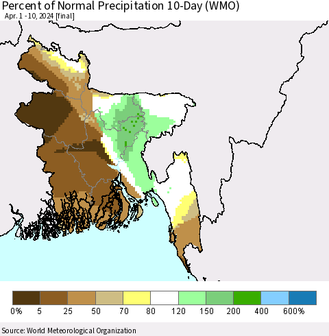 Bangladesh Percent of Normal Precipitation 10-Day (WMO) Thematic Map For 4/1/2024 - 4/10/2024
