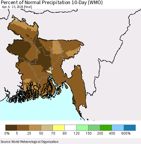 Bangladesh Percent of Normal Precipitation 10-Day (WMO) Thematic Map For 4/6/2024 - 4/15/2024