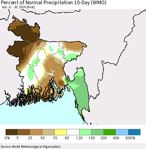 Bangladesh Percent of Normal Precipitation 10-Day (WMO) Thematic Map For 4/11/2024 - 4/20/2024