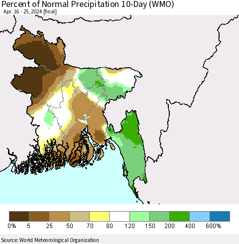 Bangladesh Percent of Normal Precipitation 10-Day (WMO) Thematic Map For 4/16/2024 - 4/25/2024