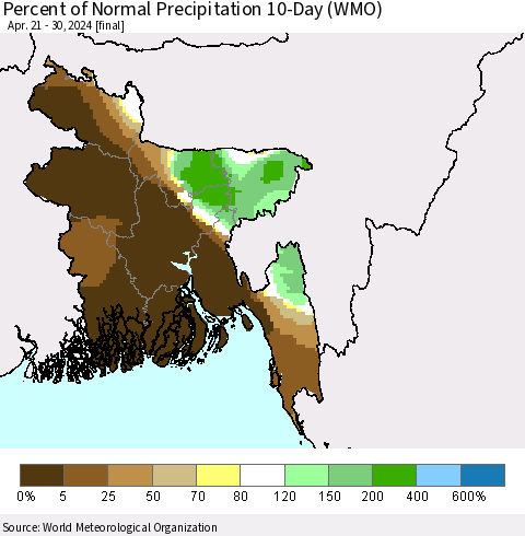 Bangladesh Percent of Normal Precipitation 10-Day (WMO) Thematic Map For 4/21/2024 - 4/30/2024