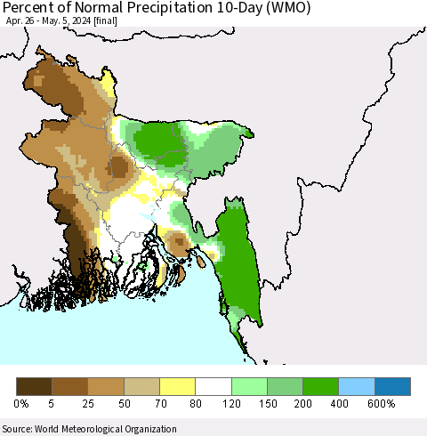 Bangladesh Percent of Normal Precipitation 10-Day (WMO) Thematic Map For 4/26/2024 - 5/5/2024