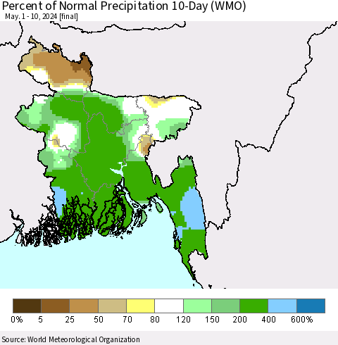 Bangladesh Percent of Normal Precipitation 10-Day (WMO) Thematic Map For 5/1/2024 - 5/10/2024