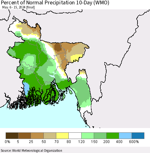 Bangladesh Percent of Normal Precipitation 10-Day (WMO) Thematic Map For 5/6/2024 - 5/15/2024