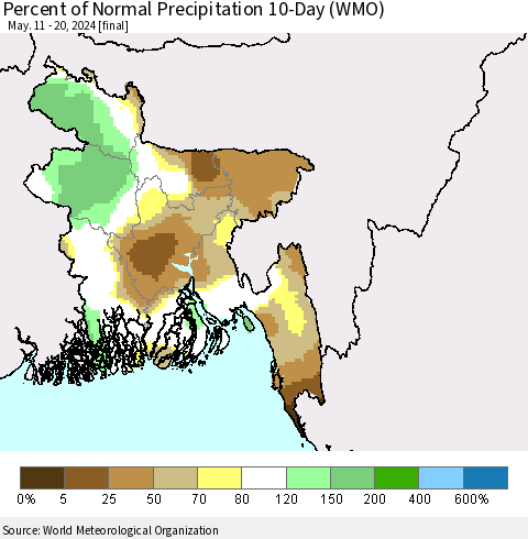 Bangladesh Percent of Normal Precipitation 10-Day (WMO) Thematic Map For 5/11/2024 - 5/20/2024