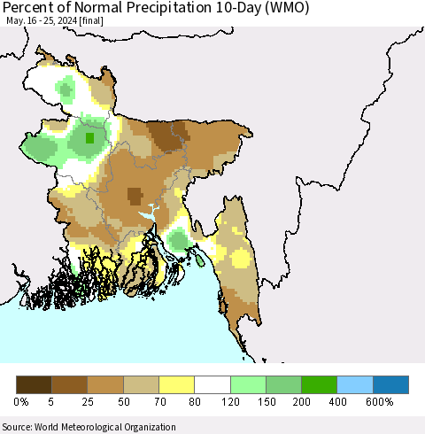 Bangladesh Percent of Normal Precipitation 10-Day (WMO) Thematic Map For 5/16/2024 - 5/25/2024