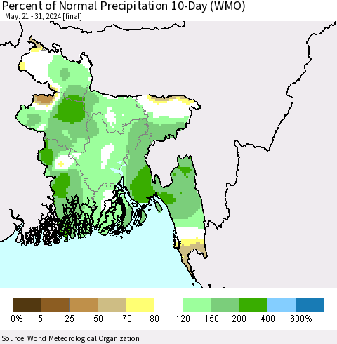 Bangladesh Percent of Normal Precipitation 10-Day (WMO) Thematic Map For 5/21/2024 - 5/31/2024
