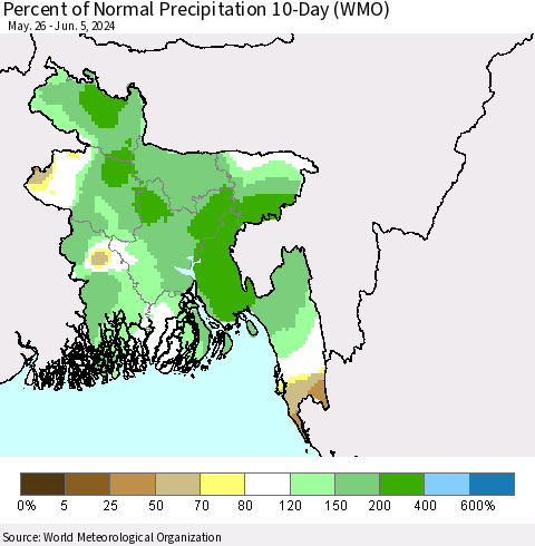 Bangladesh Percent of Normal Precipitation 10-Day (WMO) Thematic Map For 5/26/2024 - 6/5/2024