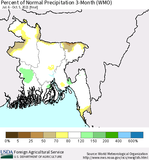 Bangladesh Percent of Normal Precipitation 3-Month (WMO) Thematic Map For 7/6/2021 - 10/5/2021