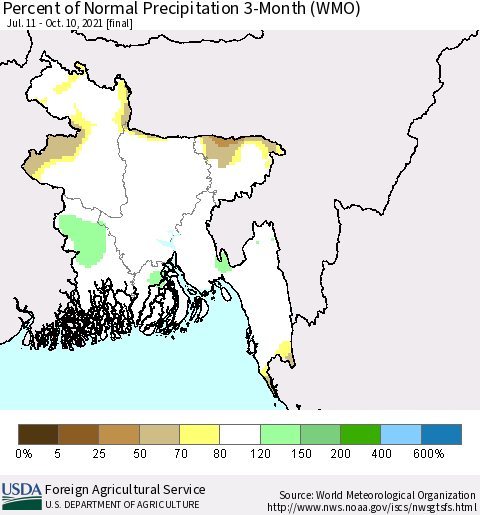 Bangladesh Percent of Normal Precipitation 3-Month (WMO) Thematic Map For 7/11/2021 - 10/10/2021