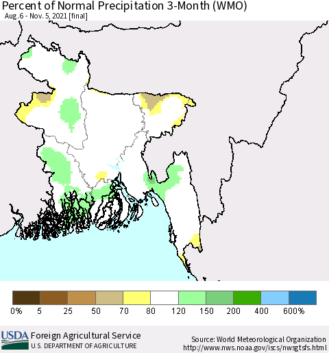 Bangladesh Percent of Normal Precipitation 3-Month (WMO) Thematic Map For 8/6/2021 - 11/5/2021