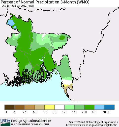 Bangladesh Percent of Normal Precipitation 3-Month (WMO) Thematic Map For 10/16/2021 - 1/15/2022