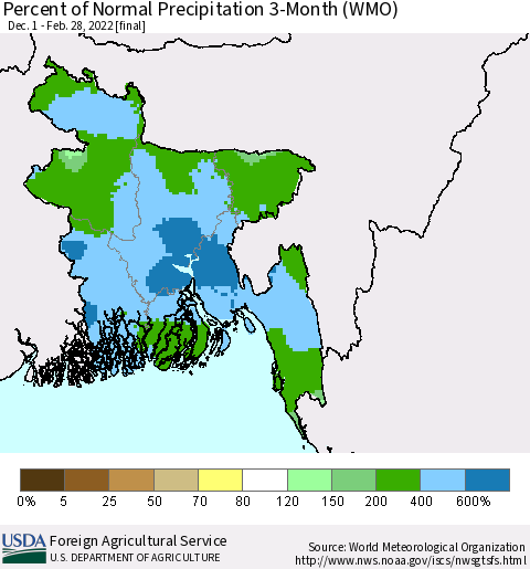 Bangladesh Percent of Normal Precipitation 3-Month (WMO) Thematic Map For 12/1/2021 - 2/28/2022