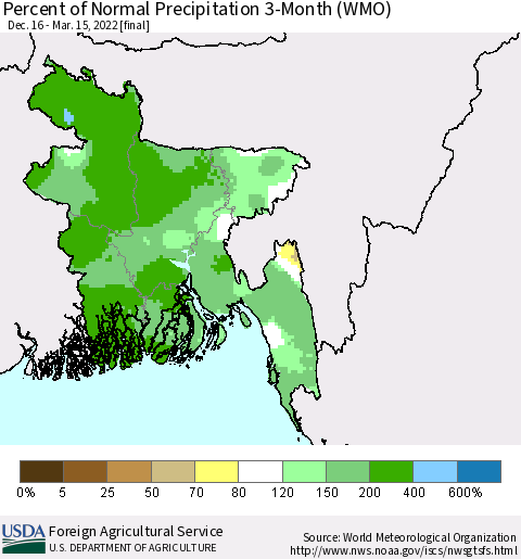 Bangladesh Percent of Normal Precipitation 3-Month (WMO) Thematic Map For 12/16/2021 - 3/15/2022