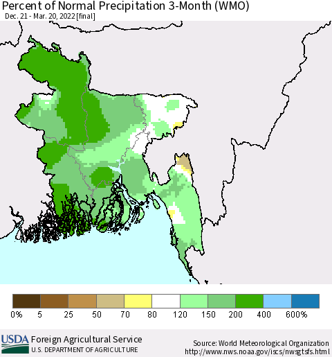 Bangladesh Percent of Normal Precipitation 3-Month (WMO) Thematic Map For 12/21/2021 - 3/20/2022