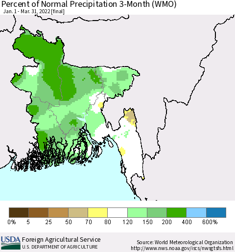 Bangladesh Percent of Normal Precipitation 3-Month (WMO) Thematic Map For 1/1/2022 - 3/31/2022