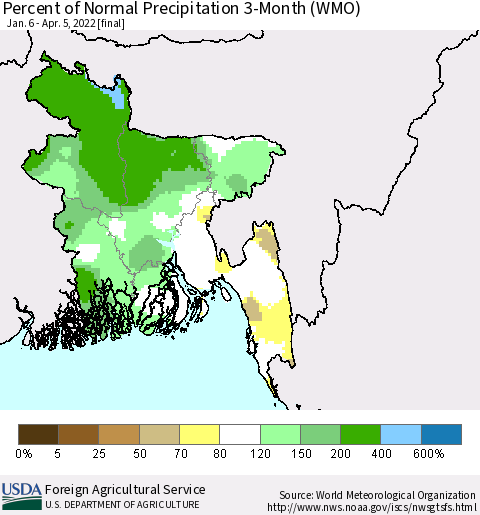 Bangladesh Percent of Normal Precipitation 3-Month (WMO) Thematic Map For 1/6/2022 - 4/5/2022