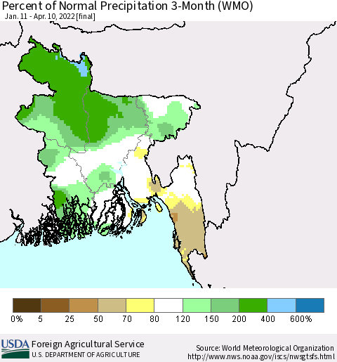 Bangladesh Percent of Normal Precipitation 3-Month (WMO) Thematic Map For 1/11/2022 - 4/10/2022