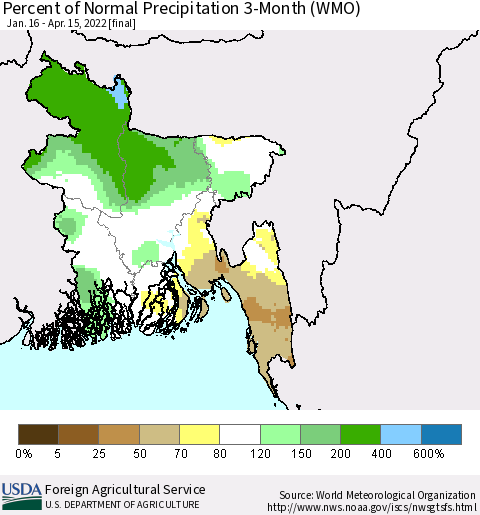Bangladesh Percent of Normal Precipitation 3-Month (WMO) Thematic Map For 1/16/2022 - 4/15/2022