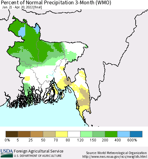 Bangladesh Percent of Normal Precipitation 3-Month (WMO) Thematic Map For 1/21/2022 - 4/20/2022