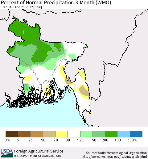 Bangladesh Percent of Normal Precipitation 3-Month (WMO) Thematic Map For 1/26/2022 - 4/25/2022