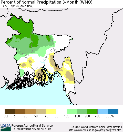Bangladesh Percent of Normal Precipitation 3-Month (WMO) Thematic Map For 2/1/2022 - 4/30/2022