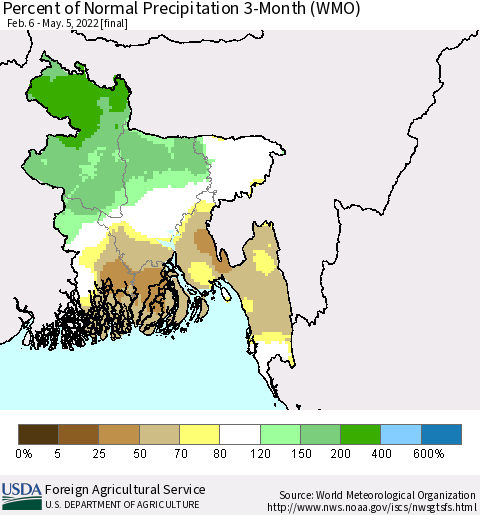 Bangladesh Percent of Normal Precipitation 3-Month (WMO) Thematic Map For 2/6/2022 - 5/5/2022