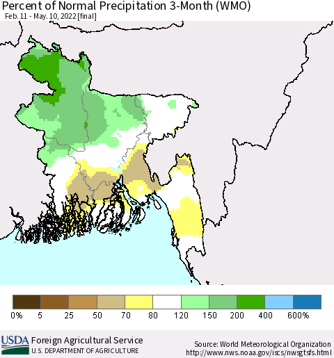 Bangladesh Percent of Normal Precipitation 3-Month (WMO) Thematic Map For 2/11/2022 - 5/10/2022