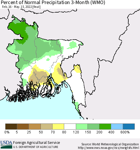 Bangladesh Percent of Normal Precipitation 3-Month (WMO) Thematic Map For 2/16/2022 - 5/15/2022