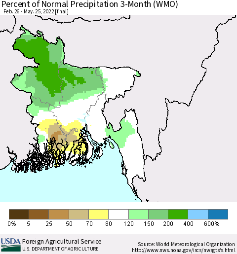 Bangladesh Percent of Normal Precipitation 3-Month (WMO) Thematic Map For 2/26/2022 - 5/25/2022