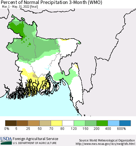 Bangladesh Percent of Normal Precipitation 3-Month (WMO) Thematic Map For 3/1/2022 - 5/31/2022